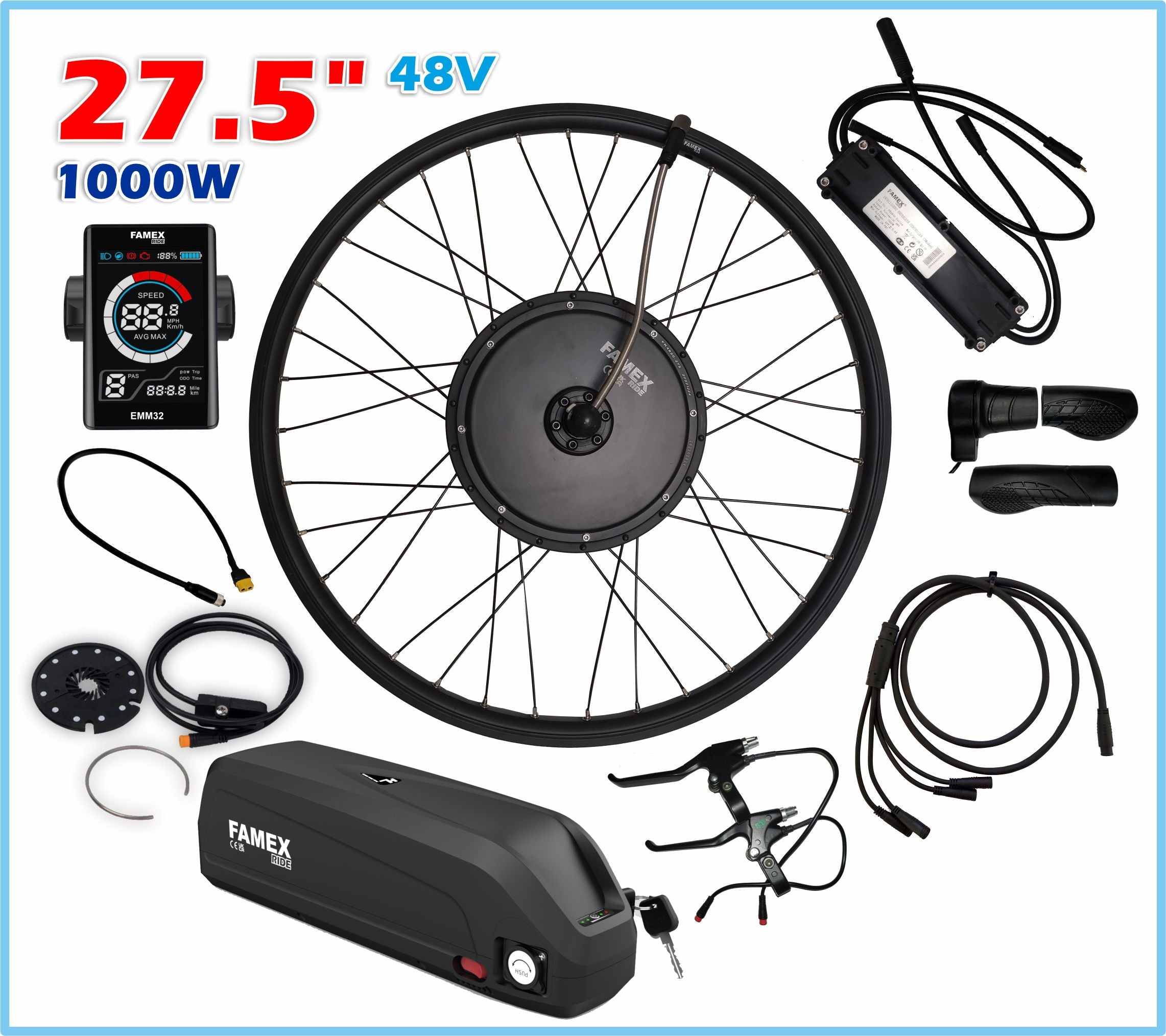 FAMEX Ride® Waterproof 48V 27.5" Electric Bicycle Conversion Kit E Bike Rear 1000W 48V+ BATTERY