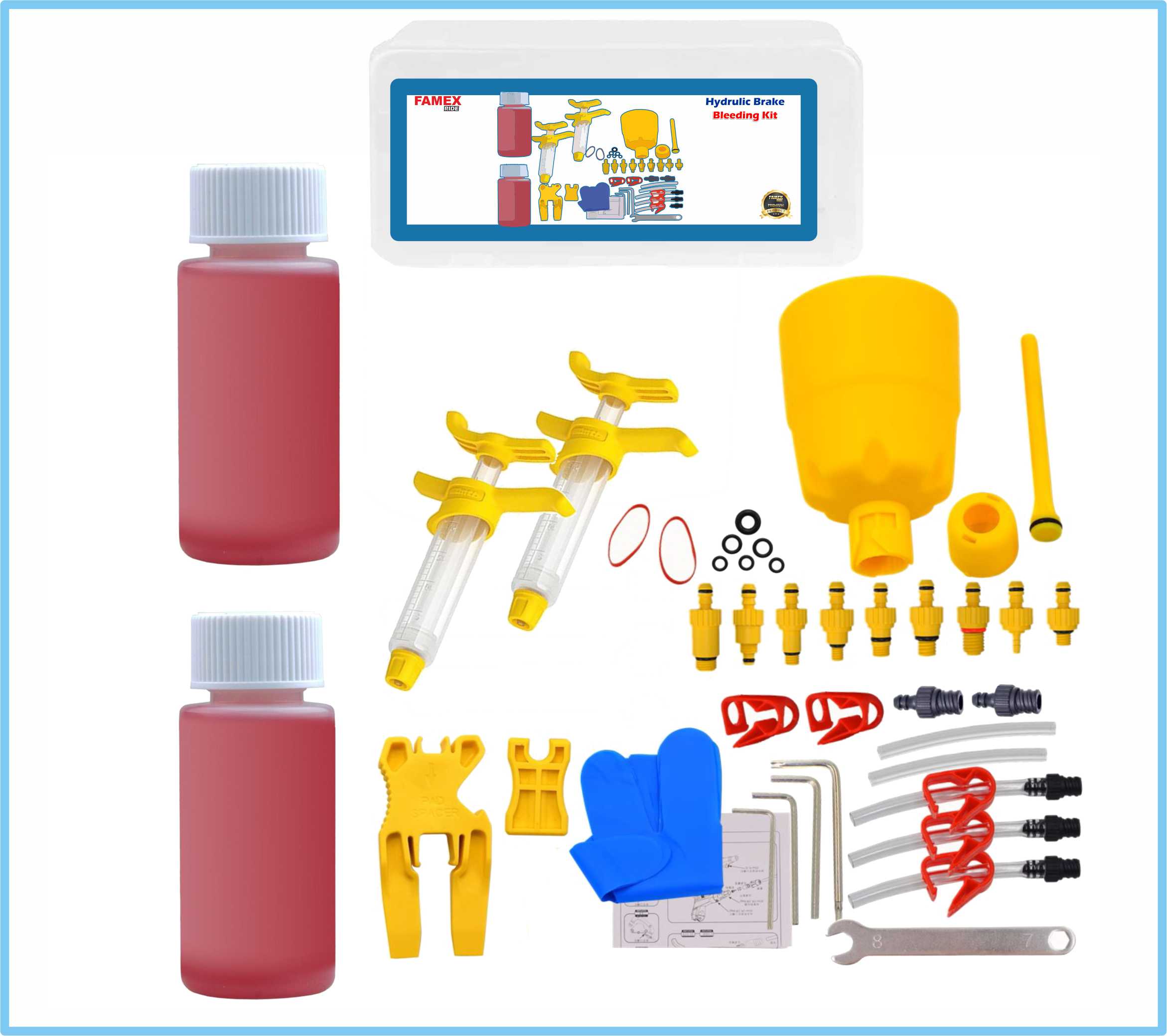 FAMEX RIDE Bicycle Hydraulic Disc Brake Oil Bleed Kit For most Brakes ZOOM, SHIMANO, SRAM, AVID, TEKTRO, MAGURA, HAYES, Bike Brake Repair Tool Mineral oil included X2 60ml Mineral Oil